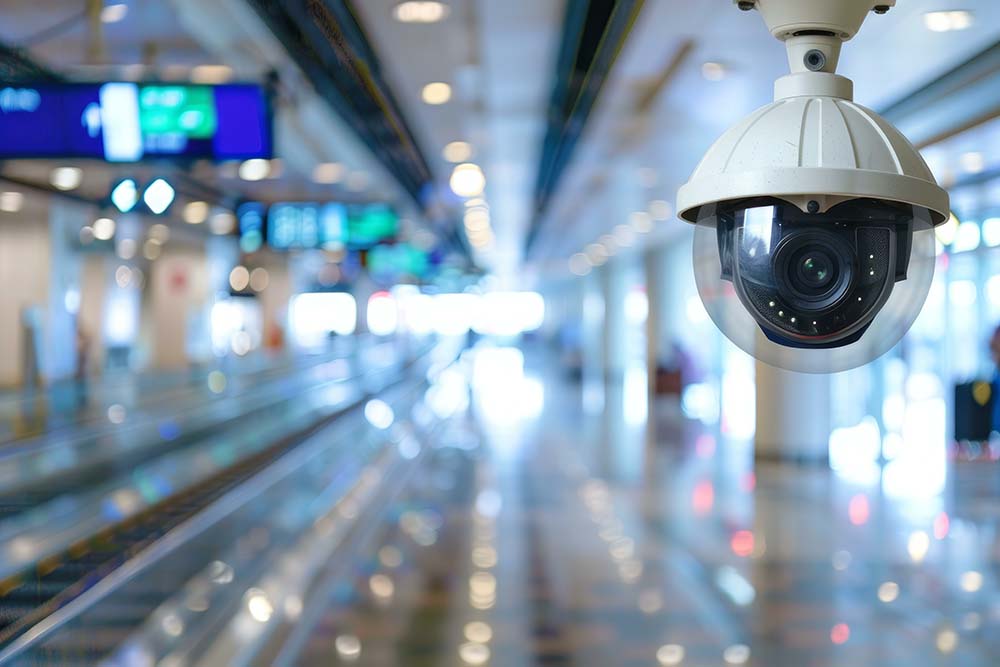 Security camera recording passengers walking in airport terminal commercial security, custom security systems for industrial, condos, gated community applications, toronto, Ontario, Canada, Brampton security, CCTV GTA