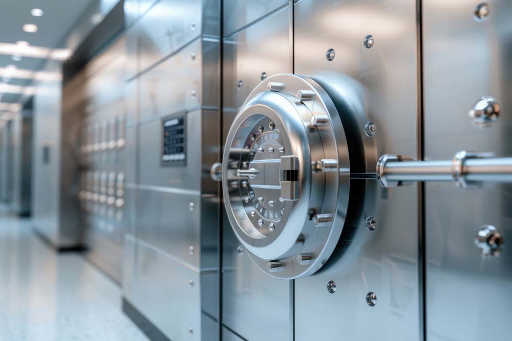 A high-security vault door in a modern bank, surrounded by surveillance cameras high-security-vault-lock-and-time-release-locking-system-GTA-safelink